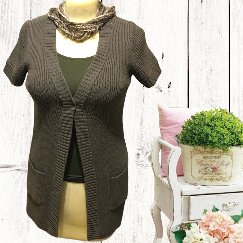 ANN TAYLOR Mid-Length Ribbed Knit Open Front Short Sleeve Cardigan - Picture 2 of 11